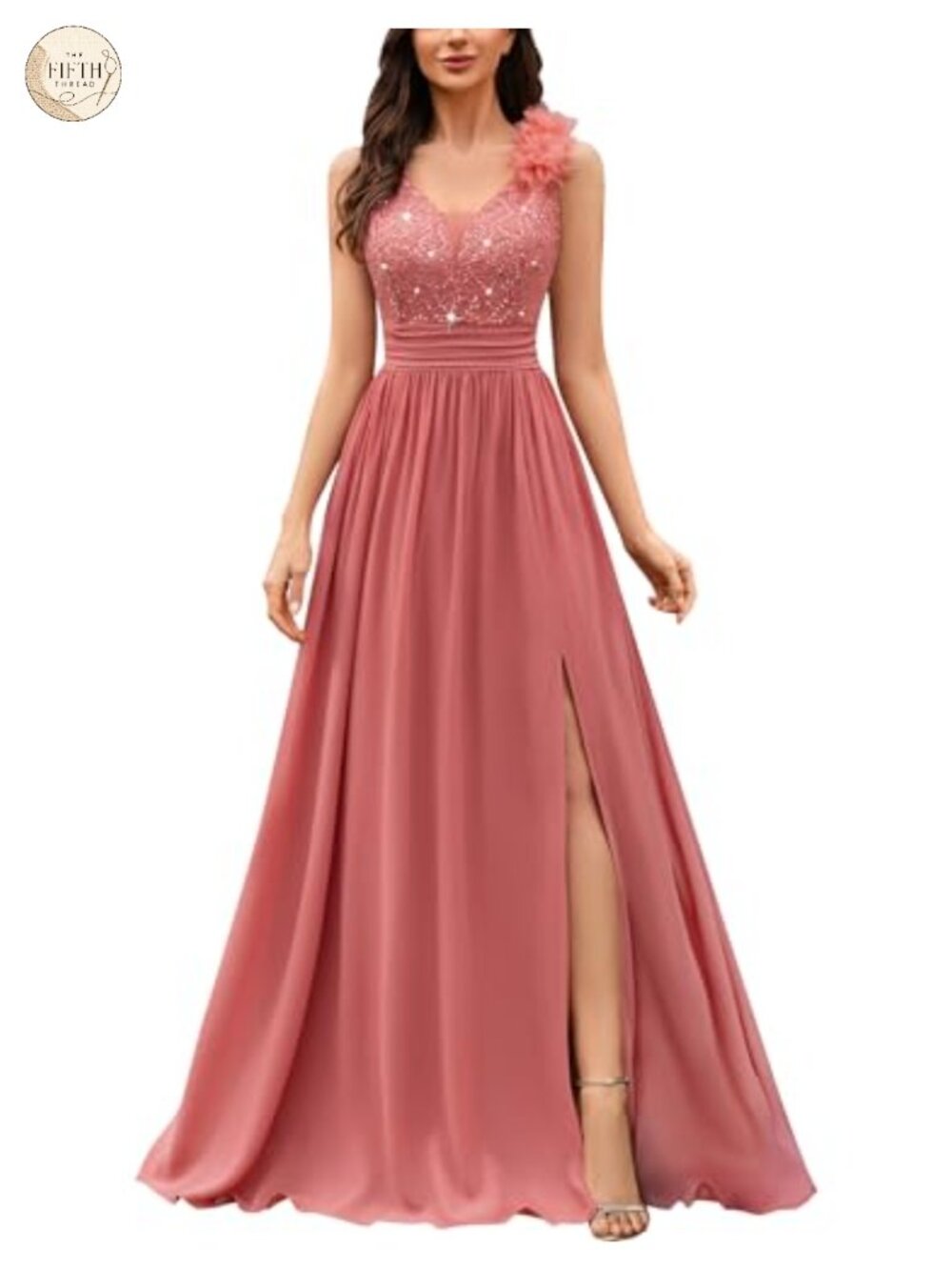 Miusol V-Neck Sequined Lace Evening Maxi Dress Sleeveless A-Line Formal